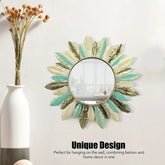 Decorative Round Mirror with Metallic Feather Frame