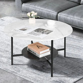 Handcrafted Double Row Black Metal Side Table | 18 Inch Composite Marble Top | Modern Accent Coffee Table for Living Room & Office