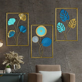 Unique Squre Frame Set of 3 Blue Metal Wall Art