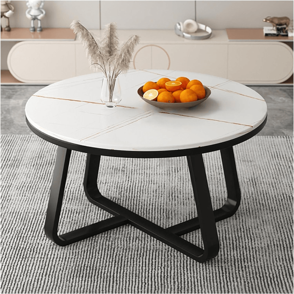 Wooden Twist Robust Stylish Metal Base Marble Finish Laminated Top Coffee Table Black White