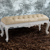 Wooden Twist Fiona Crystal Button Tufted Teak Wood 2 Seater Bench for Elegant Living Room (Antique White)