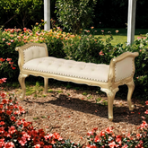 Wooden Twist Carissa French Baroque Style Crystal Button Teak Wood Bench Hand Carved Antique-Inspired Seating for Elegant Living Room