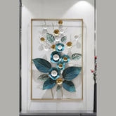 Modern Blue, White & Golden Floral with Leaf Rectangular Frame Metal Wall Art