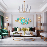 Modern Blue, White & Golden Floral Metal Wall Art