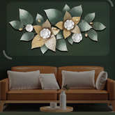 Elegant Decorative Green & Gold Leaf with White Flower Metal Wall Art