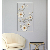 Beautiful White  Golden  Flowers with Rectangular Frame Metal Wall Art