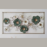 Beautiful White & Green Flower Metal Wall Art with Golden Rectangular Frame