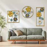 Modern Mustard, Blue & White Flower Design Metal Wall Art