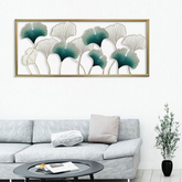Modern White & Green Leaves with Golden Rectangular Frame Metal Wall Art