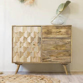 Wooden Twist Pentagonal Hand-Carved Sideboard Cabinet with 1 Door & 3 Drawers - WoodenTwist