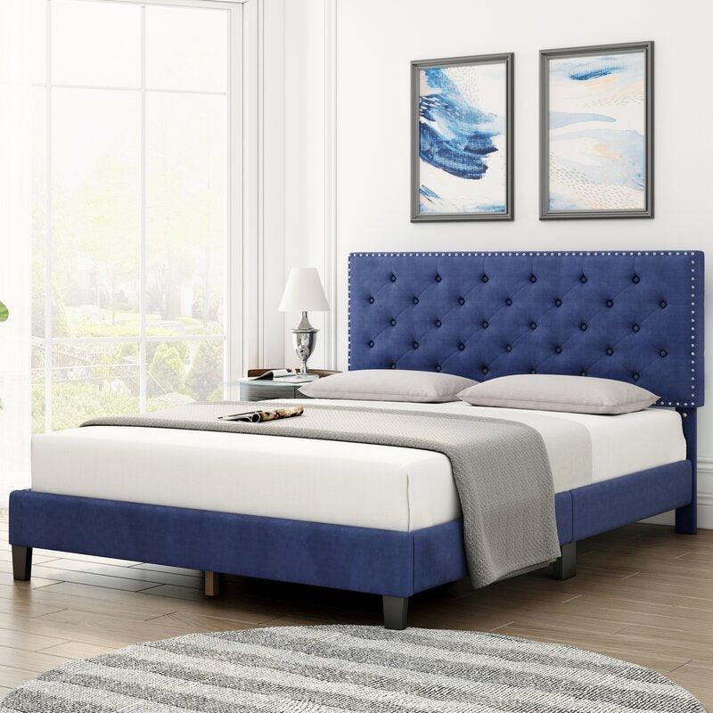 Buy Modern Upholstered Platform Queen Size Bed Teak Wood Blue