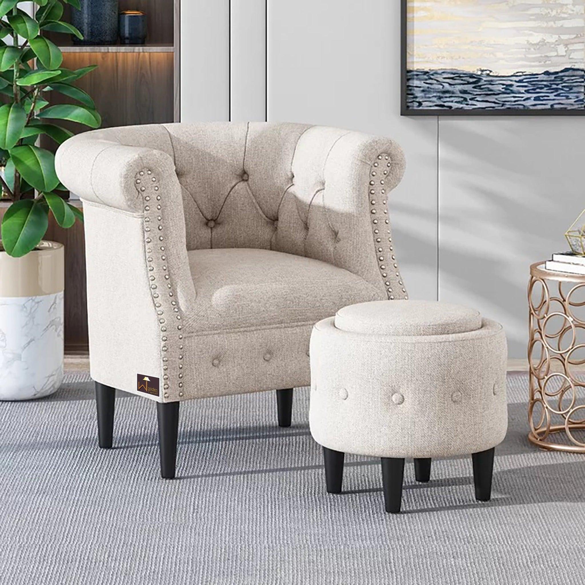Wide Tufted Chesterfield Arm Chair with Ottoman Footrest (Walnut Legs) - WoodenTwist
