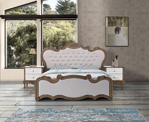 Antique White Royal Luxury Bed In Teak Wood With 2 Side Table 1 Dressing Table And 1 Wardrobe - WoodenTwist