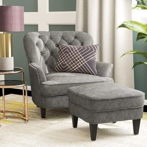 Wooden Wide Tufted Armchair with Ottoman (Grey) - WoodenTwist