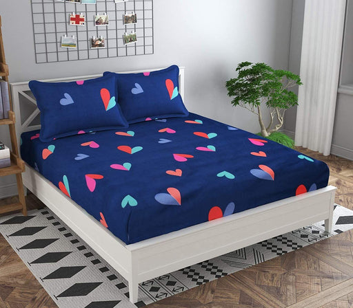 Glace Cotton Double Bedsheet with 2 Pillow Covers (Blue Heart) - WoodenTwist