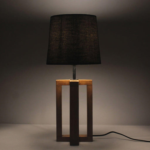 Criss Cross Brown Wooden Table Lamp with Yellow Printed Fabric Lampshade - WoodenTwist