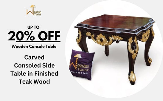 Wooden Twist Hand Carved Traditional Style Teak Wood Console Table With Mirror Silver Leaf (Golden Finish)