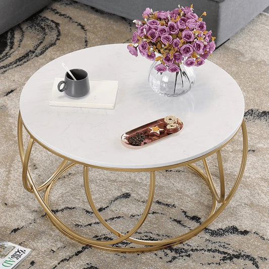 Stylish and Functional: The Wooden Twist Round Coffee Table with Marble Top Like Finish