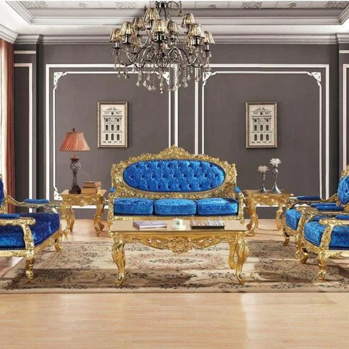 Blue Velvet Royal Antique Gold Carved Sofa Set
