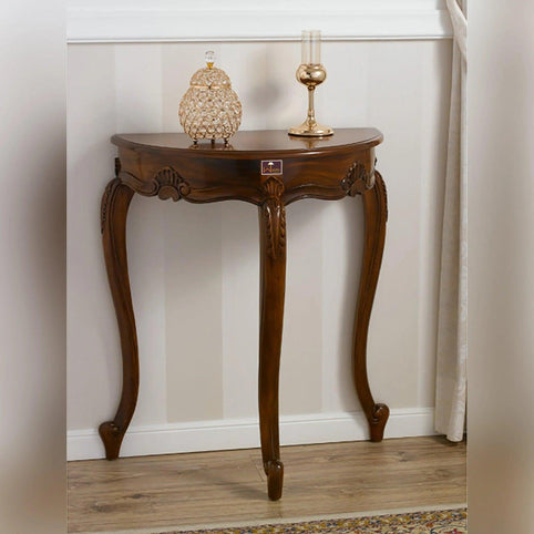 Elevate Your Space with the Arlette Half Moon Teak Wood Console Table with Walnut Finish