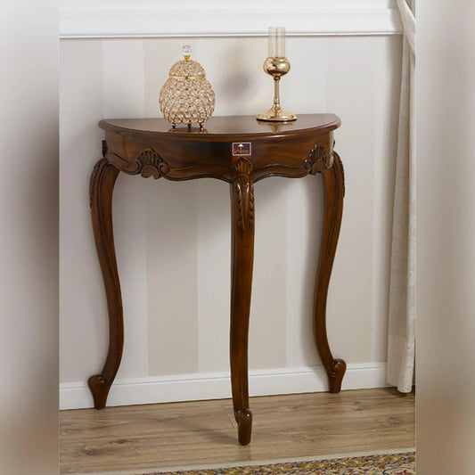 Elevate Your Space with the Arlette Half Moon Teak Wood Console Table with Walnut Finish