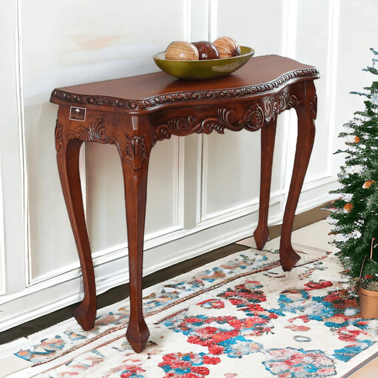 Hand-Carved Teak Wood Royal Console Table: A Masterpiece of Elegance with Elegant Leaf Design