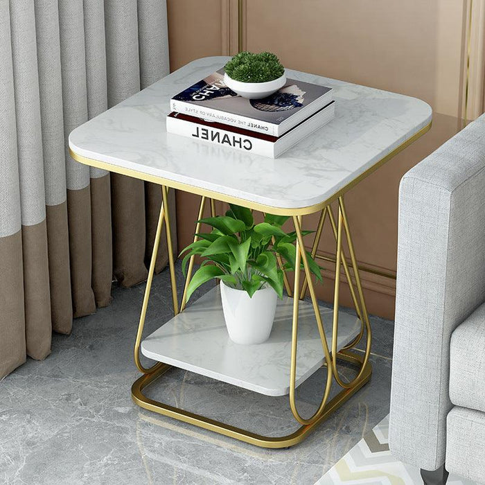 Golden Elite Sofa End Table - Modern Two-Tier Marble Top - WoodenTwist