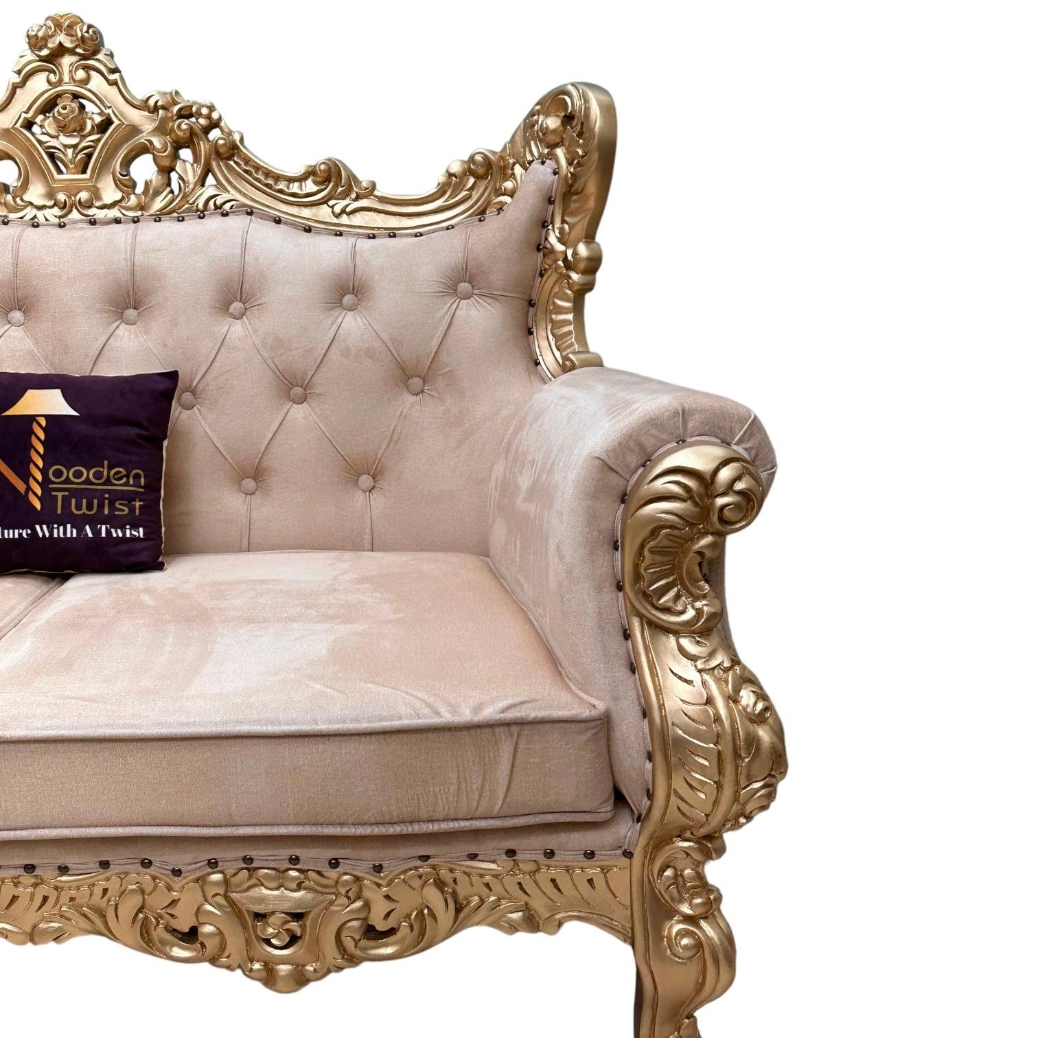 Wooden Boutique French Baroque Style Golden Leaf Hand Carved Sofa (2 Seater) - WoodenTwist