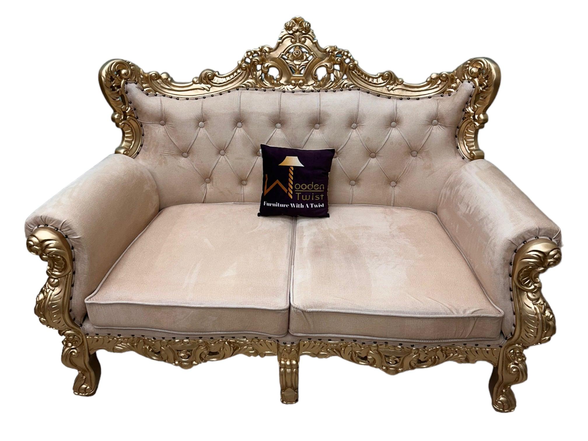 Wooden Boutique French Baroque Style Golden Leaf Hand Carved Sofa (2 Seater) - WoodenTwist