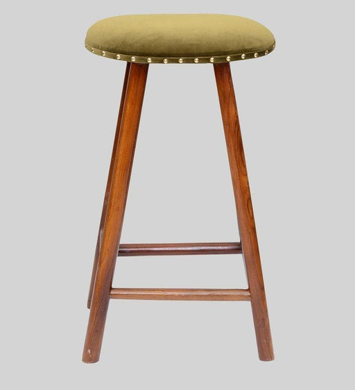 Curved Mango Wood Bar Stool In Velvet Green Colour - WoodenTwist