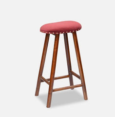 Curved Mango Wood Bar Stool In Velvet Red Color - WoodenTwist