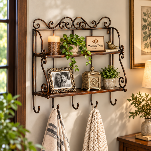 Wall Mounted 2 Shelf Book and Kitchen Rack with Key Hanger