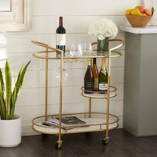Modern Oval Iron Trolley with Glass Top and Marble Bottom