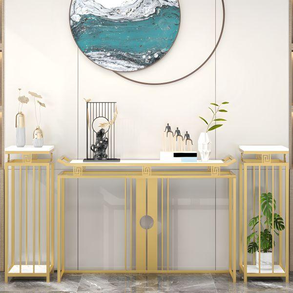 Luxurious Modern Rectangle Console Table Set with White Marble Top - White & Golden