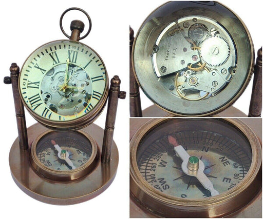 Brass Mechanical Desk Clock Base Compass Collectible Decorative Gift Unique Steampunk Timepiece - WoodenTwist