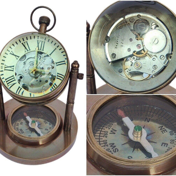 Brass Mechanical Desk Clock Base Compass Collectible Decorative Gift Unique Steampunk Timepiece - WoodenTwist