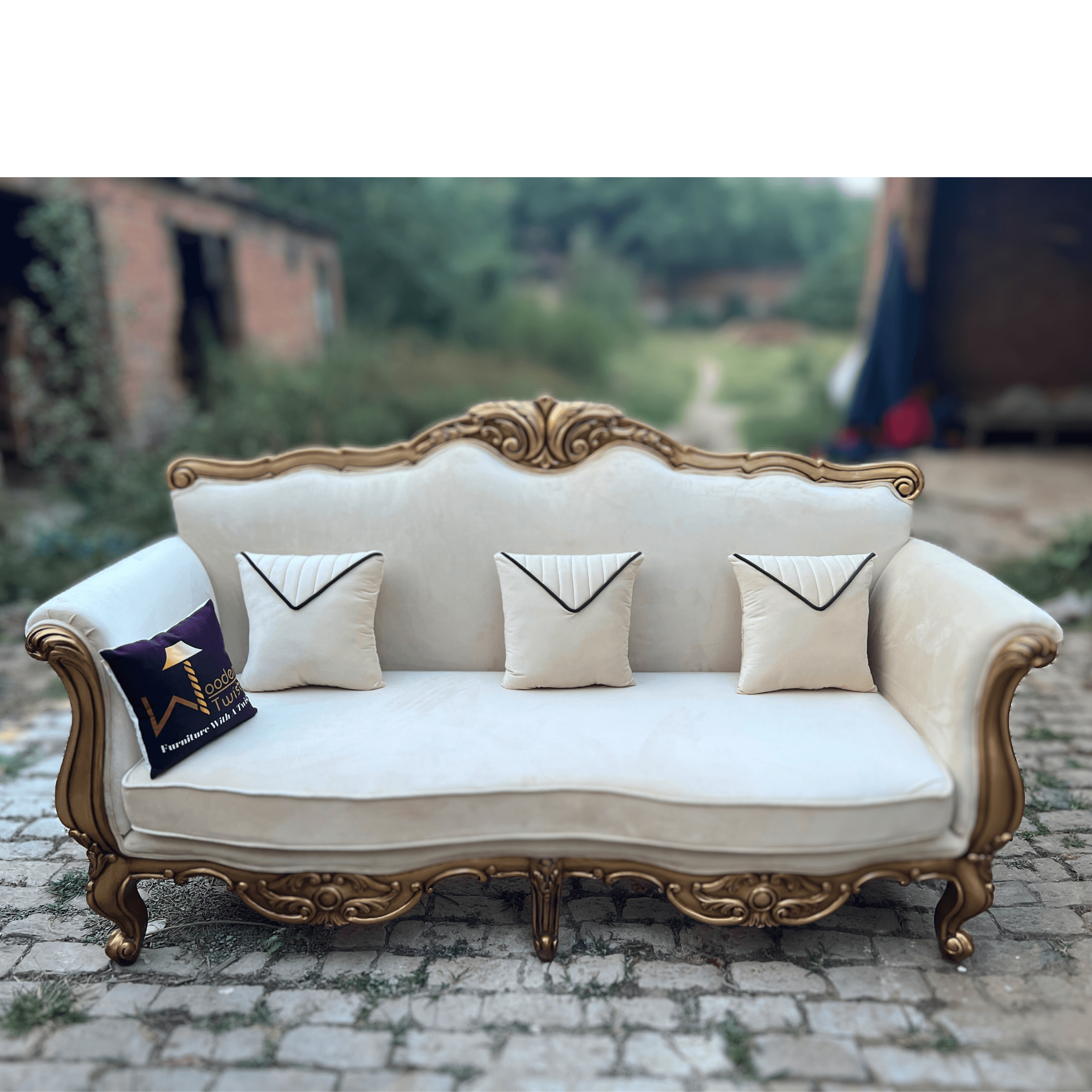 Wooden Twist Hand Craved Estilo Teak Wood 3 Seater Sofa Set ( Antique Golden ) - WoodenTwist