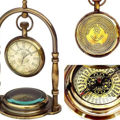 Handmade Engraved Brass Victoria London Table Clock With Compass Base - WoodenTwist
