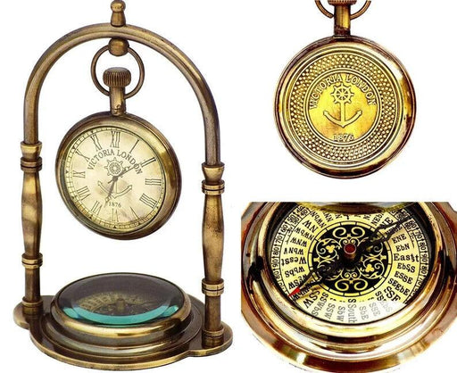 Handmade Engraved Brass Victoria London Table Clock With Compass Base - WoodenTwist