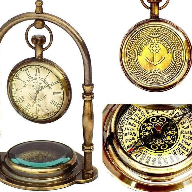 Handmade Engraved Brass Victoria London Table Clock With Compass Base - WoodenTwist