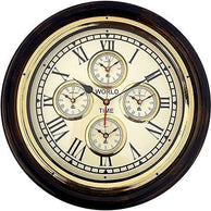 Antique Style Wooden 5 Time Wall Clock with World Map, Brass Accents, 16-inch Round Art Design - WoodenTwist