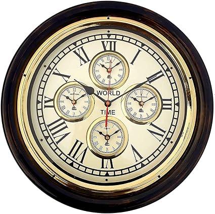 Antique Style Wooden 5 Time Wall Clock with World Map, Brass Accents, 16-inch Round Art Design - WoodenTwist