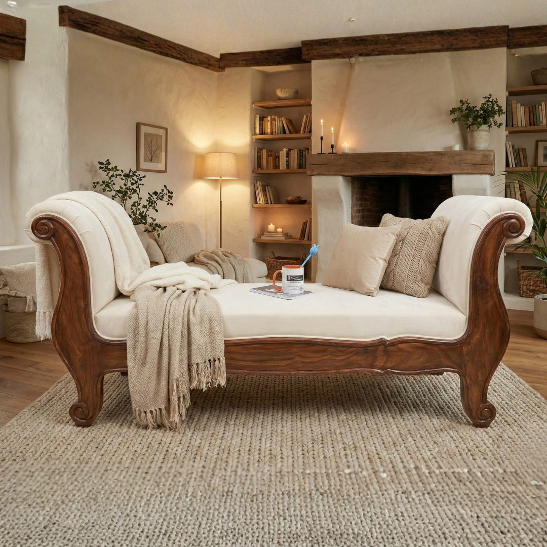 Decorative chaise lounge in a cozy living room with books and plants.