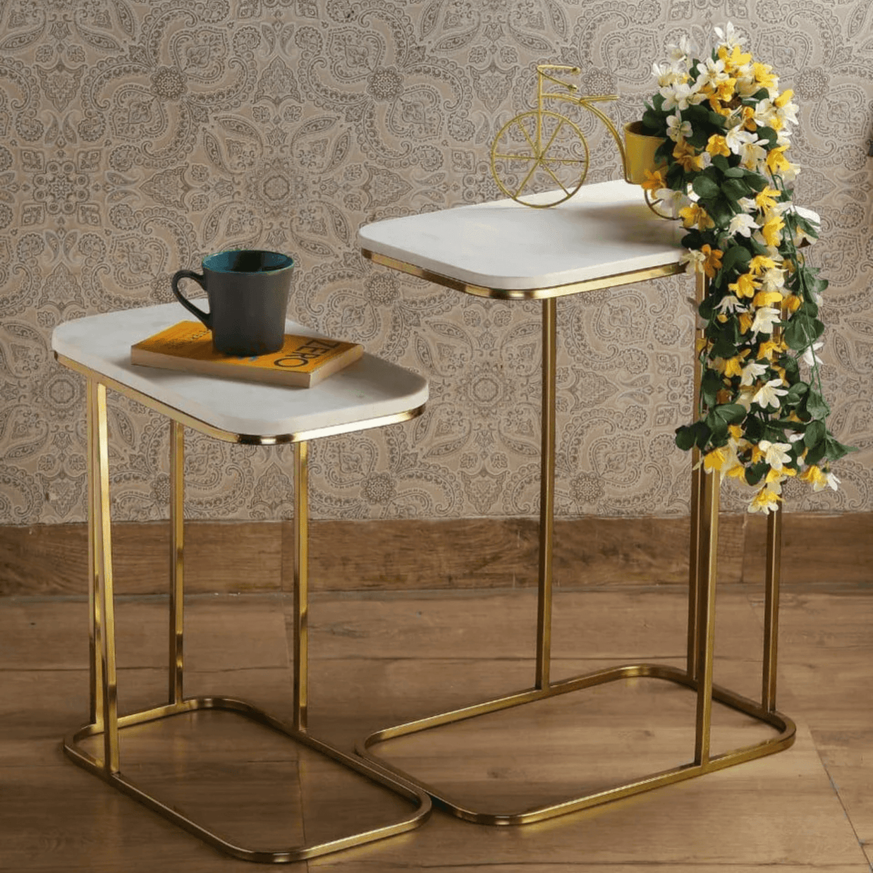 Wooden Twist Sassy Marble Finish Laminated Top End Table Set of 2 with Golden Finish - WoodenTwist