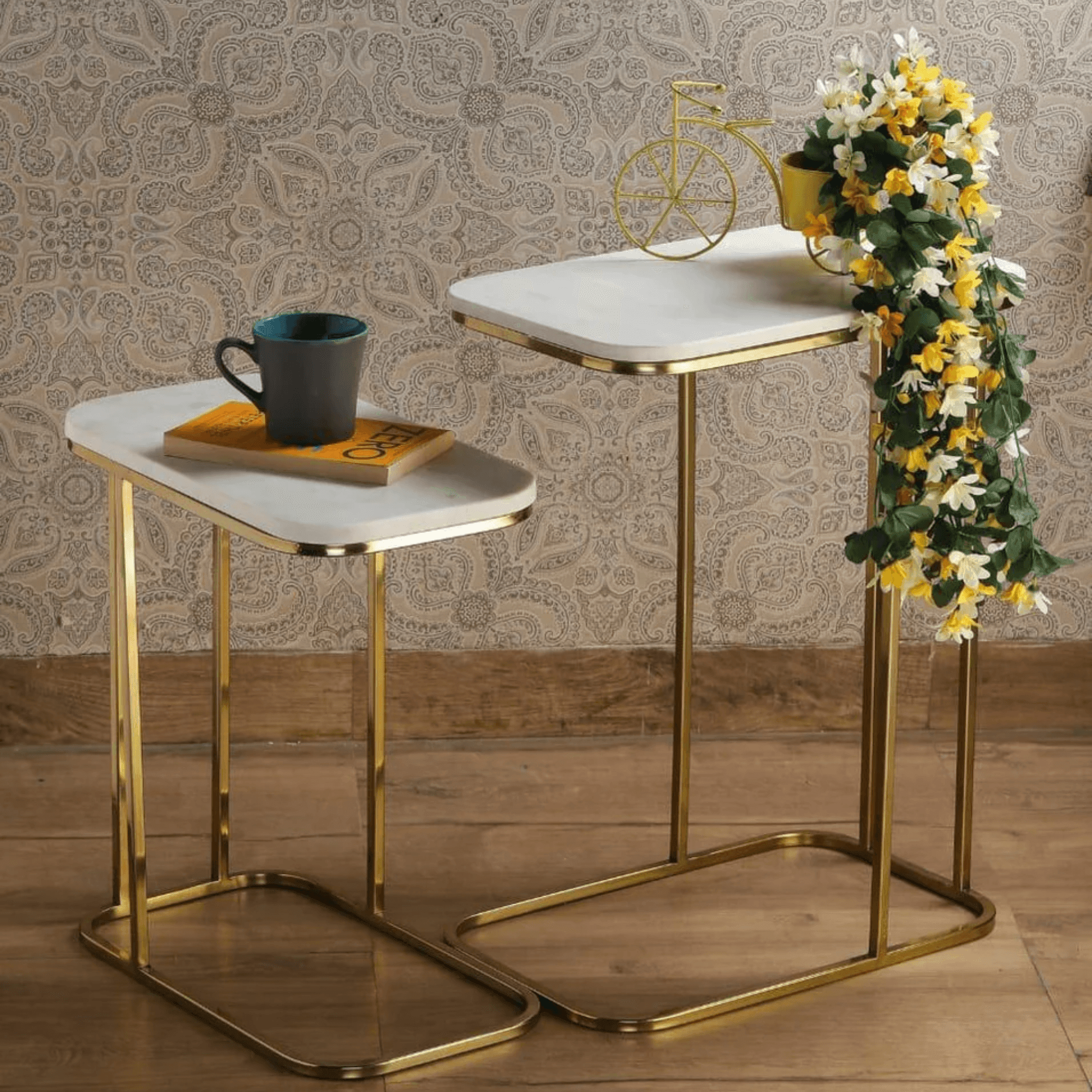Wooden Twist Sassy Marble Finish Laminated Top End Table Set of 2 with Golden Finish - WoodenTwist