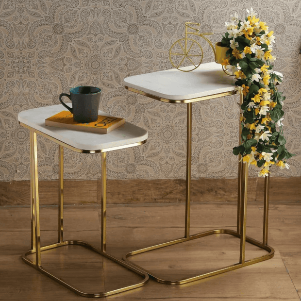 Wooden Twist Sassy Marble Finish Laminated Top End Table Set of 2 with Golden Finish - WoodenTwist