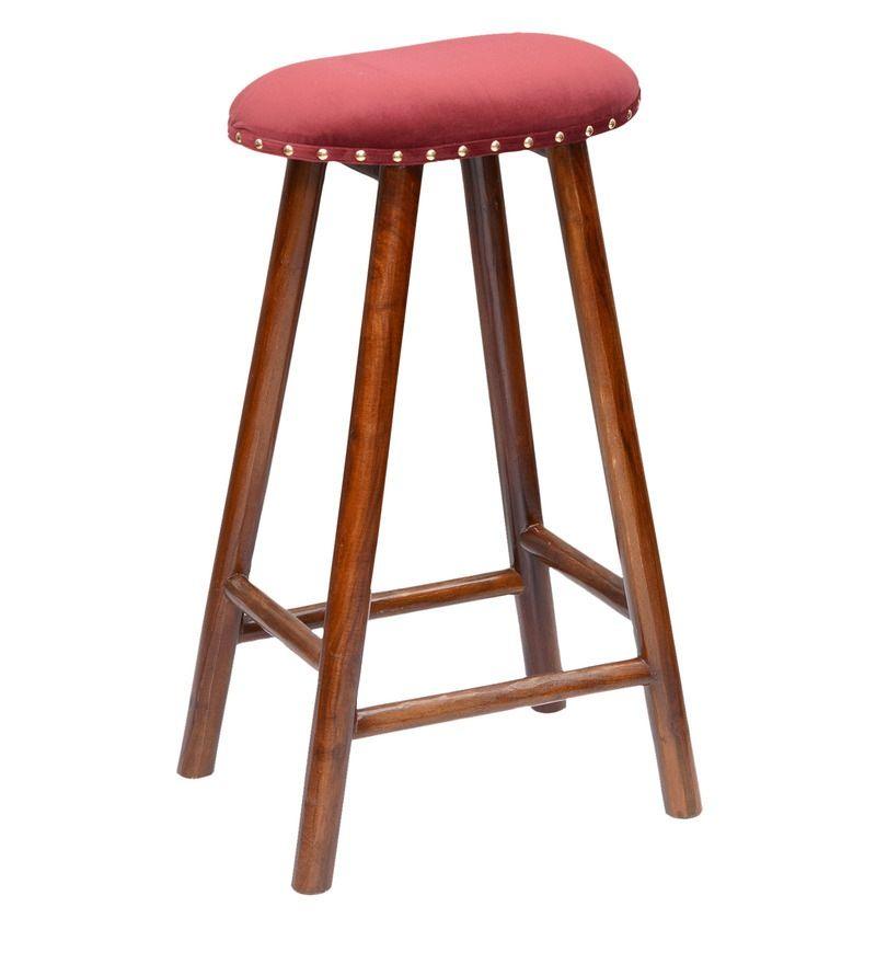 Curved Mango Wood Bar Stool In Velvet Red Color - WoodenTwist