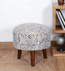 Mango Wood Foot Stool In Cotton Blue Colour - WoodenTwist