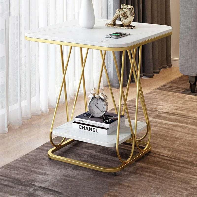 A Golden Sofa End Table With Two Tiers