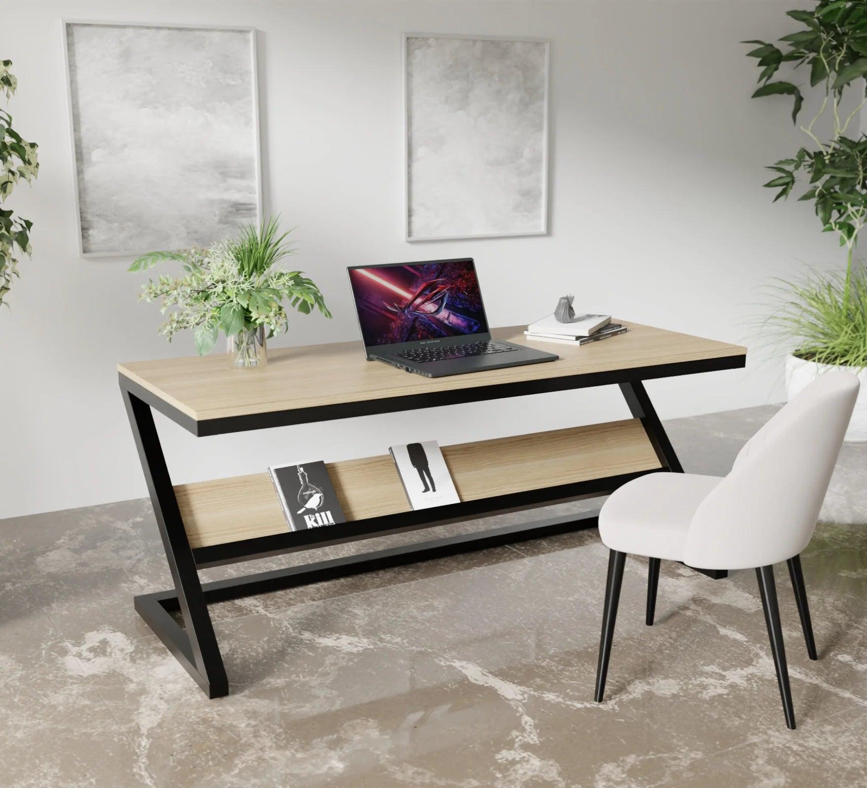 Wooden Twist Z-Shaped Executive Study Desk Table laminated Top with Steel Base - WoodenTwist